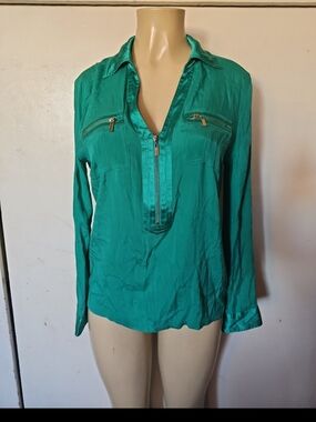Cache Teal Button-Front Shirt with Zip Accents